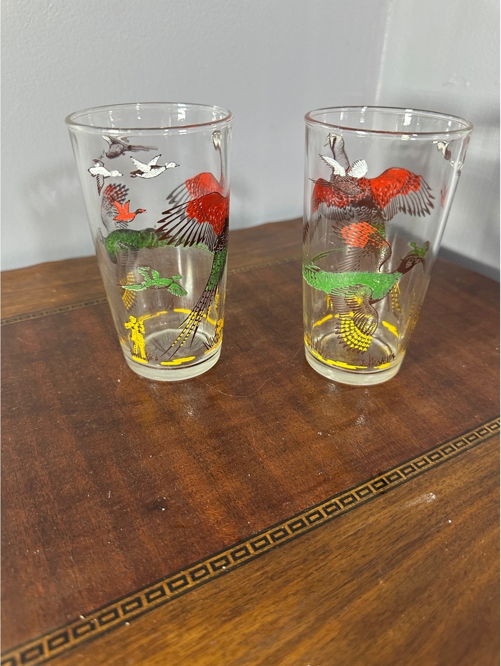 Vintage MCM Hazel Atlas Pheasant Hunting Scene Glasses Tumblers - Set of 2
